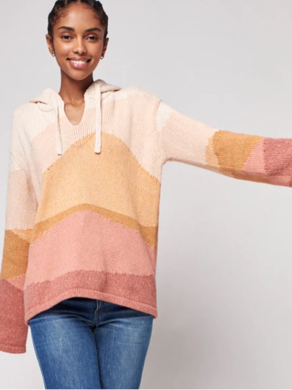 FAHERTY Knit Hoody Sweater in Marled Mountains Print Peach Pink Cream XS